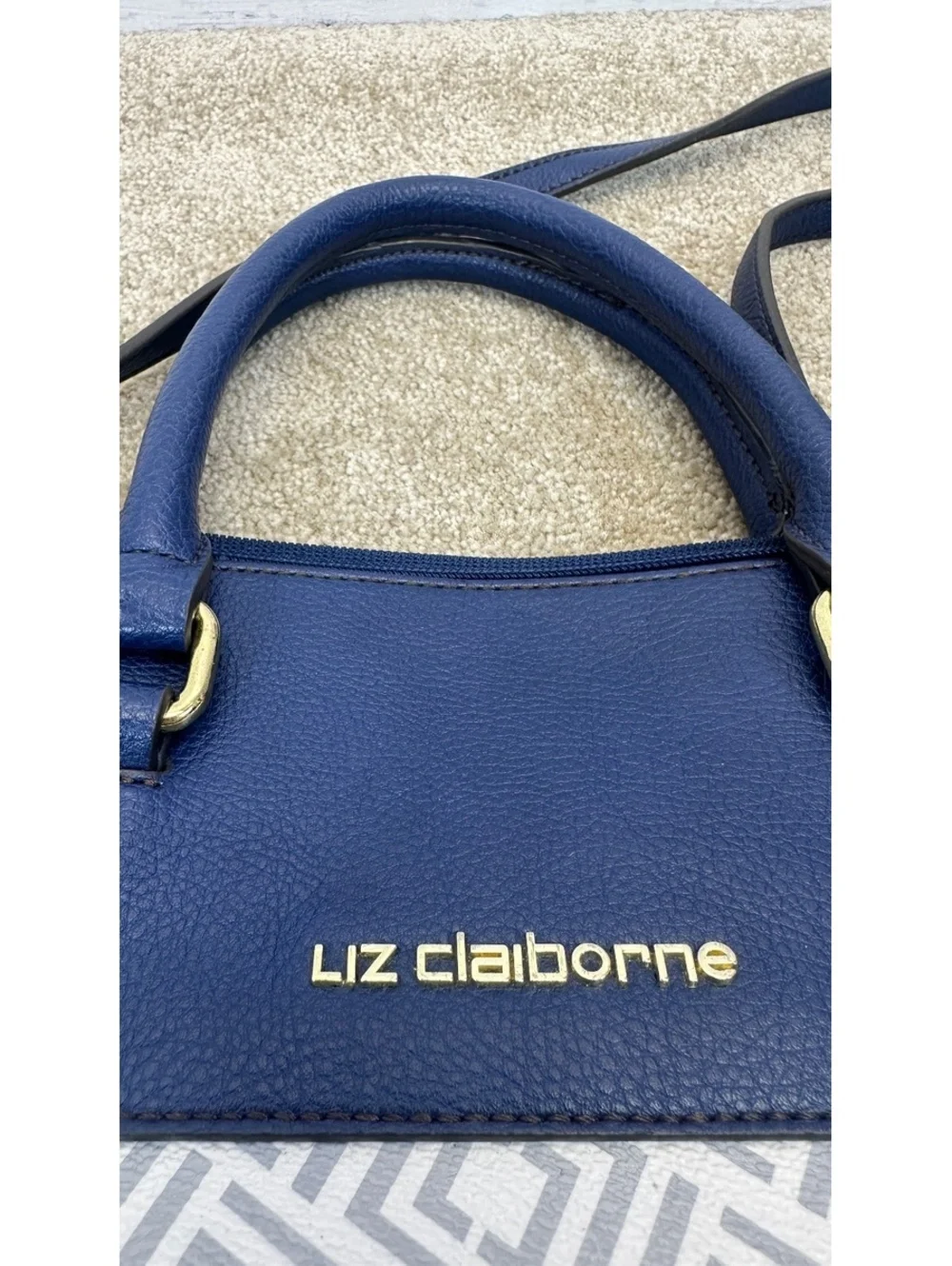 Liz Claiborne Dome Satchel Faux Leather Blue White Monogram Purse Shoulder Strap